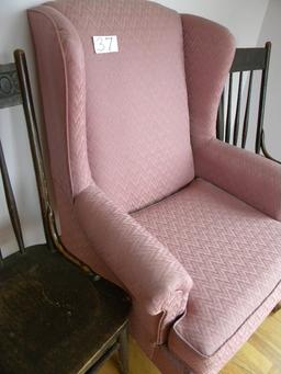 Wing-back Chair; Pair Of Old Spindle Back Wood Chairs.