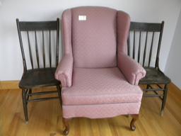 Wing-back Chair; Pair Of Old Spindle Back Wood Chairs.