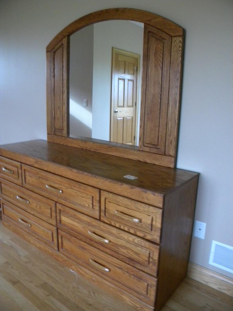 Oak Dresser W/framed Mirror, 7 Drawers; 31"h X 66 1/4"w X18 1/4"d.