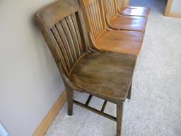 Four Oak Dining Chairs, Plank Bottoms, (one Dark Color).