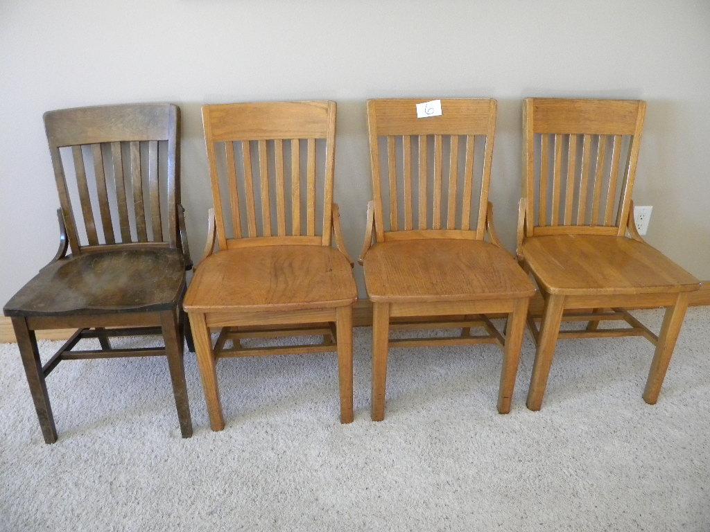 Four Oak Dining Chairs, Plank Bottoms, (one Dark Color).