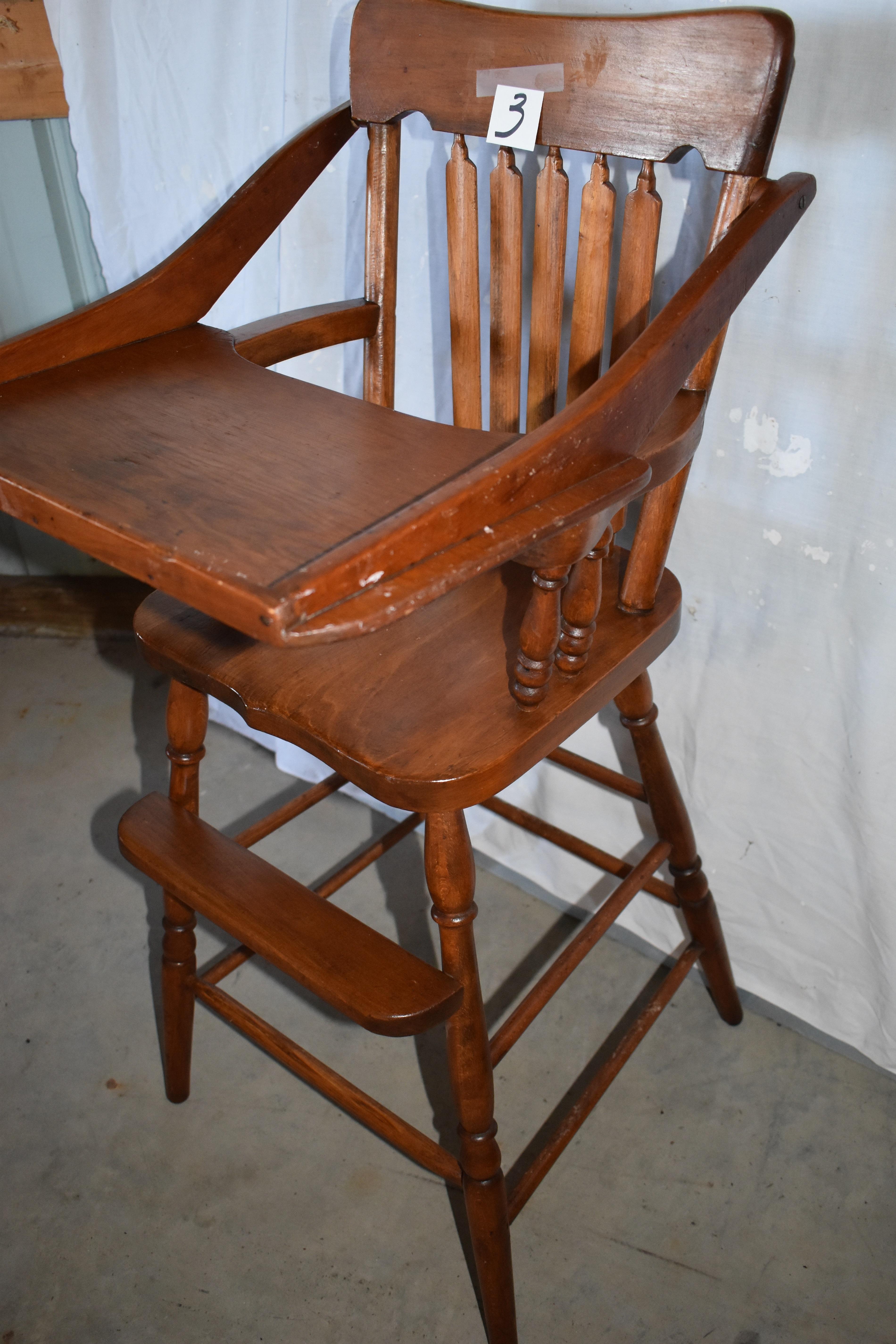 Old Spindle Back Childs' High Chair, Wood, Tray, 39"h X 18"w X 13" Se