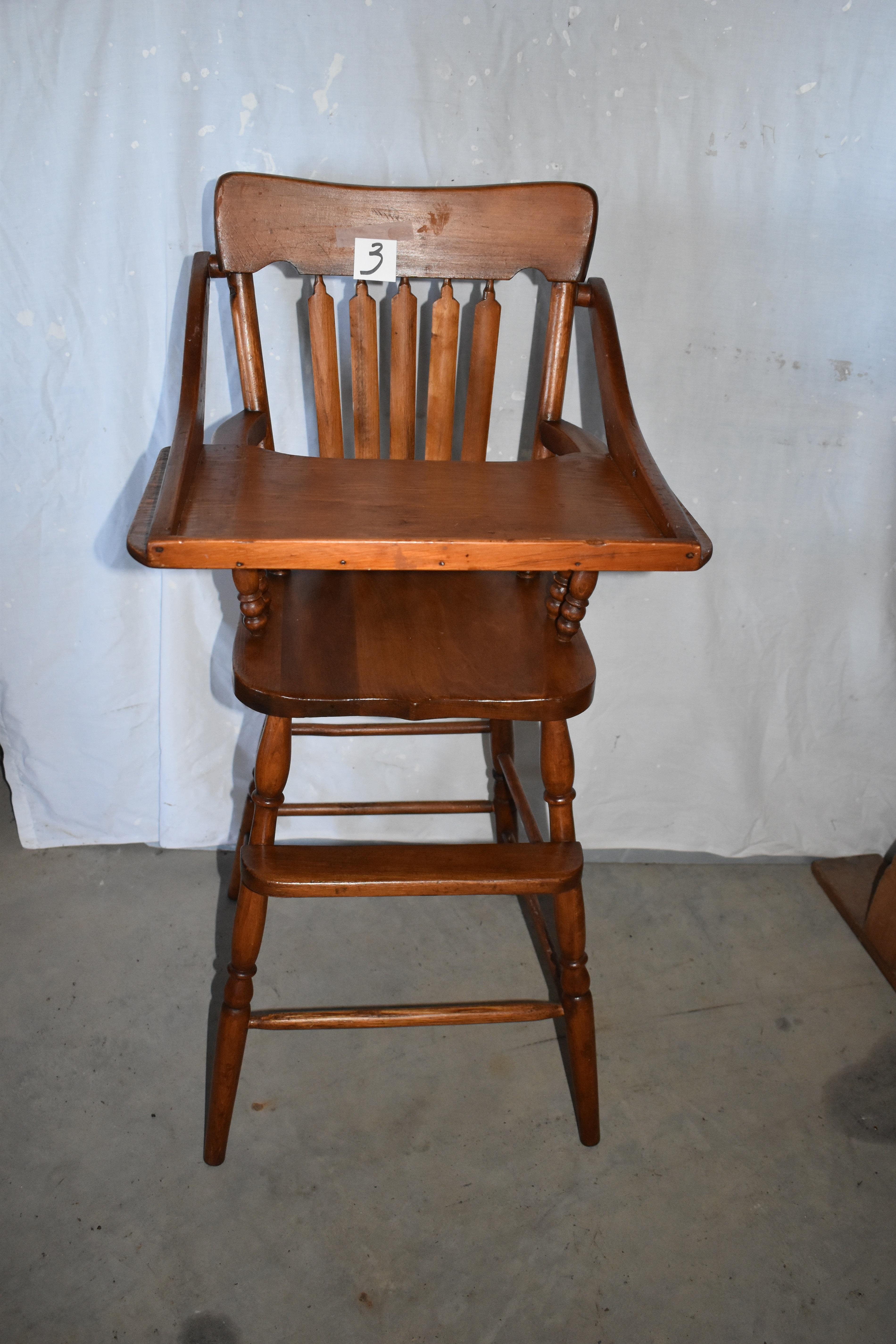 Old Spindle Back Childs' High Chair, Wood, Tray, 39"h X 18"w X 13" Se