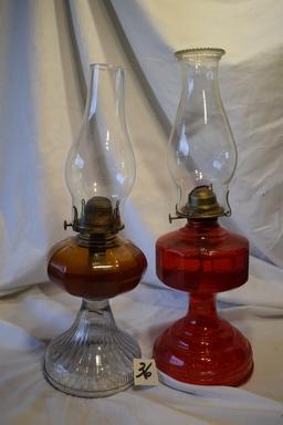 Pair (2) Oil Lamps, W/chimney, Both 18"h.