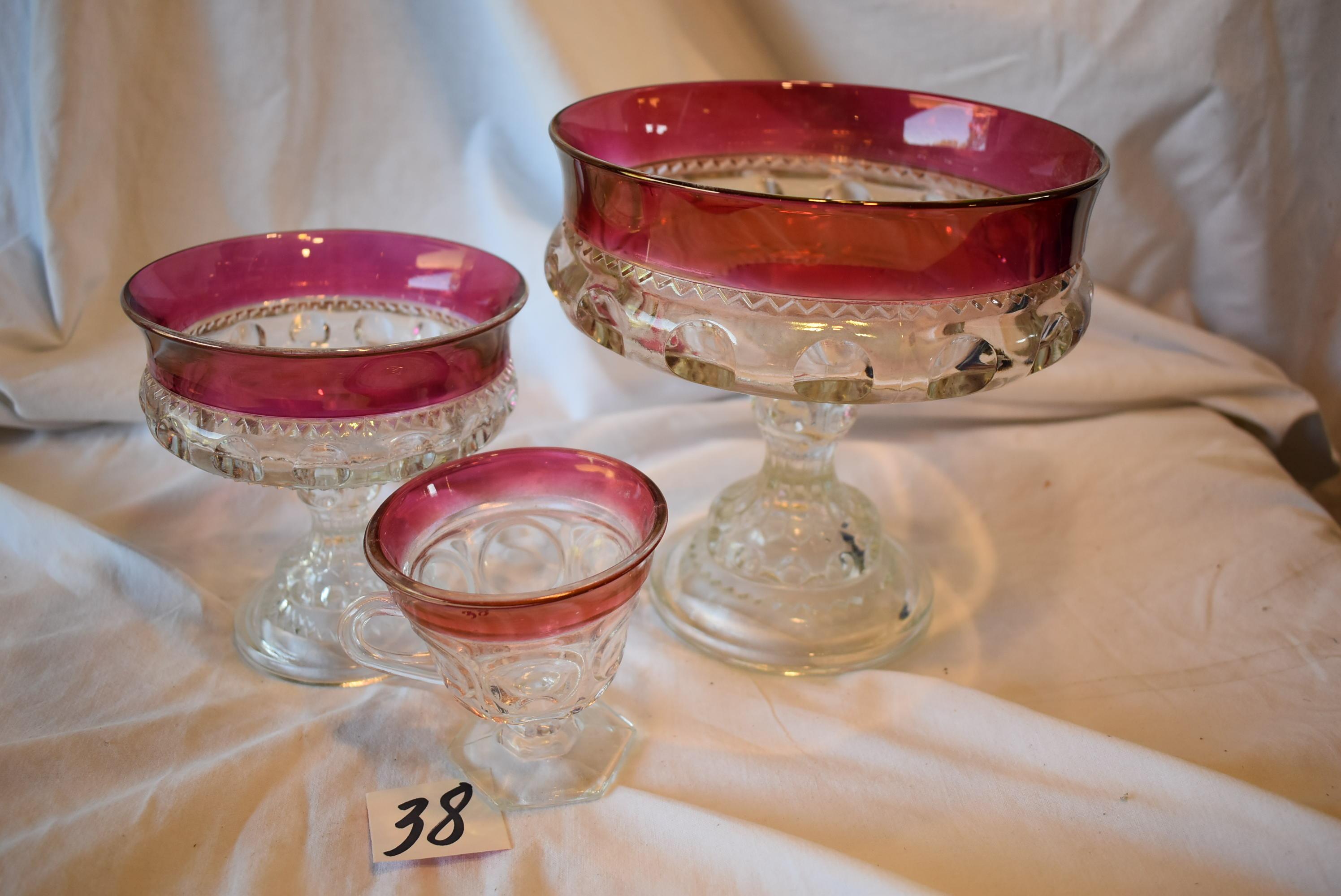 Cranberry Edge Ring, Stemmed Candy Dishes, 7"h&d; 6"h&d; Cup.