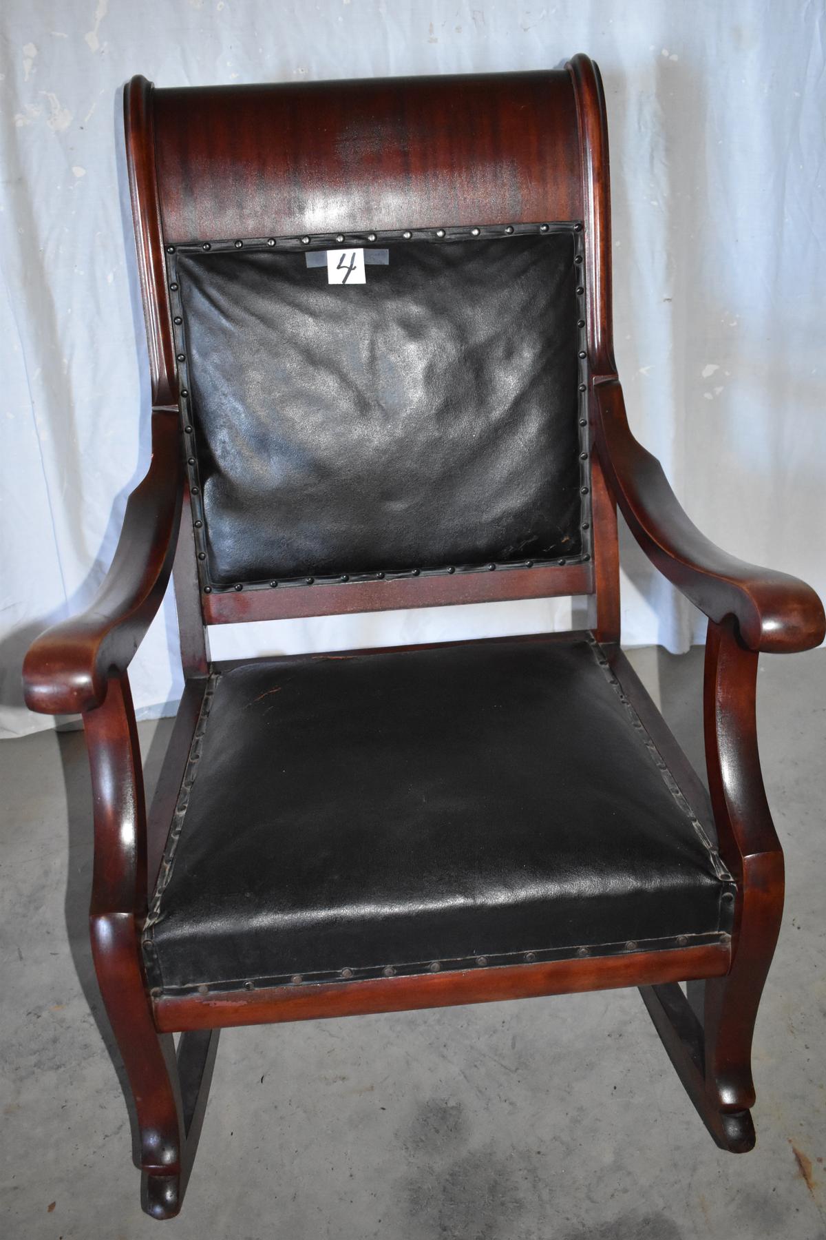 Old Mahogany Leather Padded Gentleman's Rocker, 40"h X 25"w