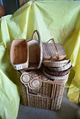 Assortment Of Baskets, Plates, Clothes Basket, Etc.