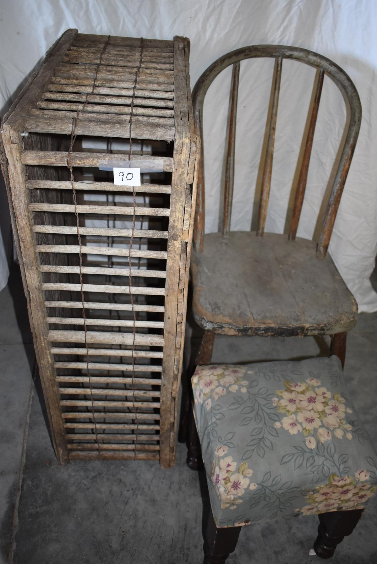 Wood Chicken Crate, 11"h X36"w, 23"d; Wood Bow Back Chair; Foot Stool.