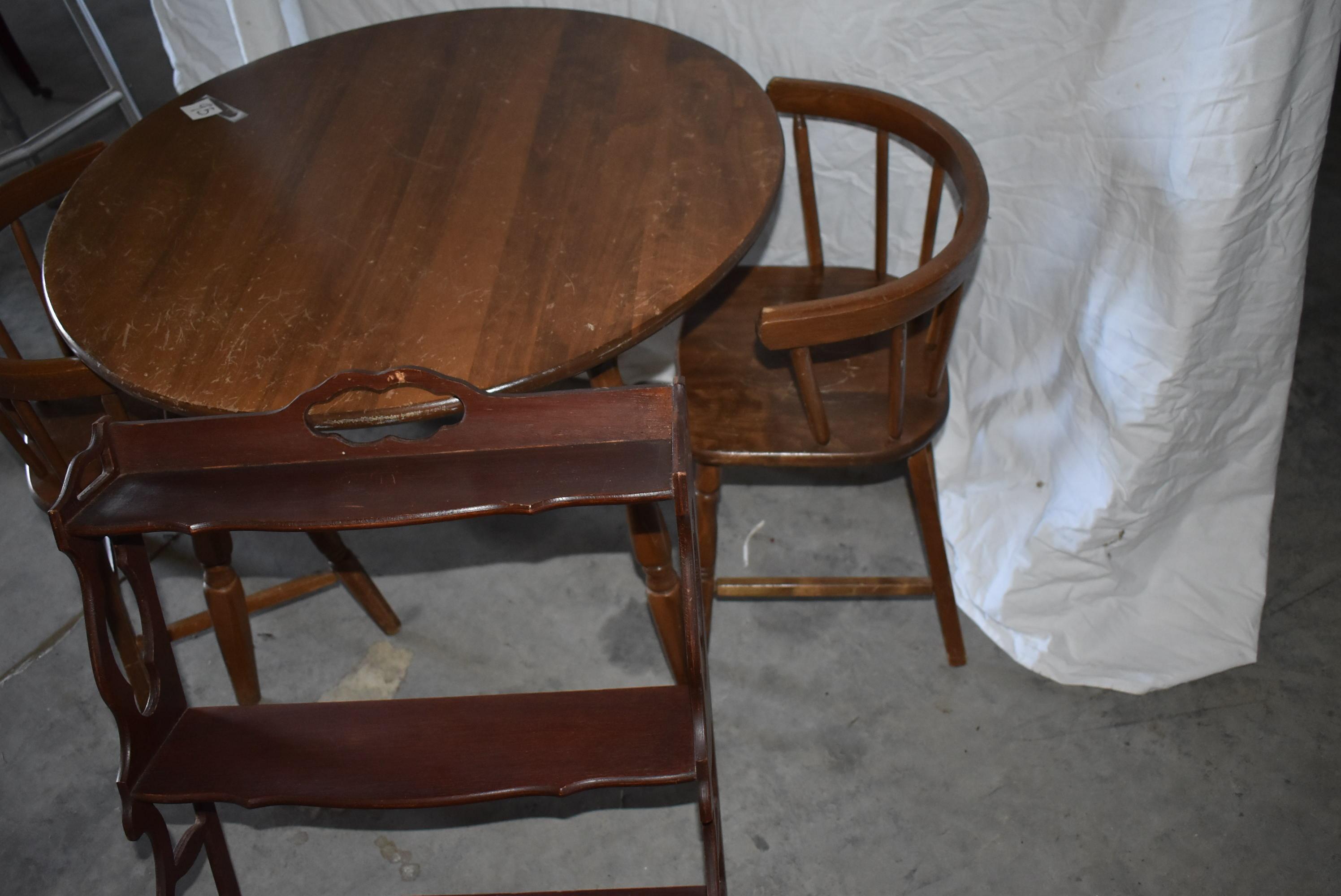 Round Wood Child Table W/ 2 Chairs; Wall Shelf.