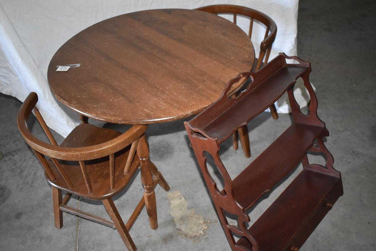 Round Wood Child Table W/ 2 Chairs; Wall Shelf.