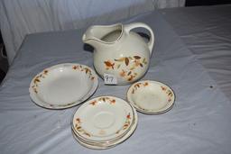 Halls Water Pitcher W/6 Coffee Cup Plates, Cereal Bowl, 8"serving Bowl.