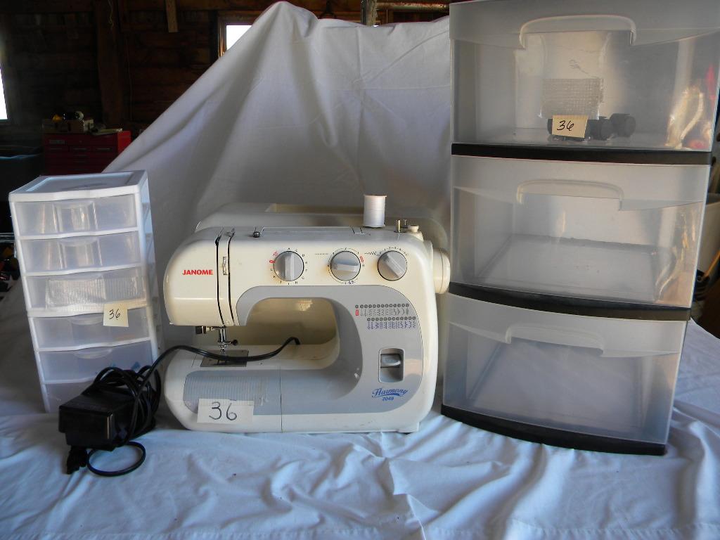 Sewing Machine W/case= Janome Harnoay 2049; Sewing Patterns; Boxes