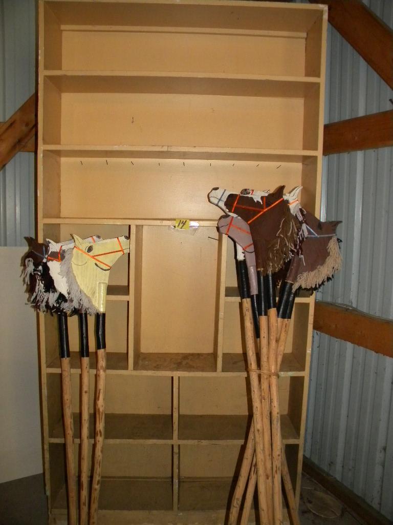 Wood Shelving Unit, 7' H X 43"w, 11 Compartments; 9 Hobby Horses.