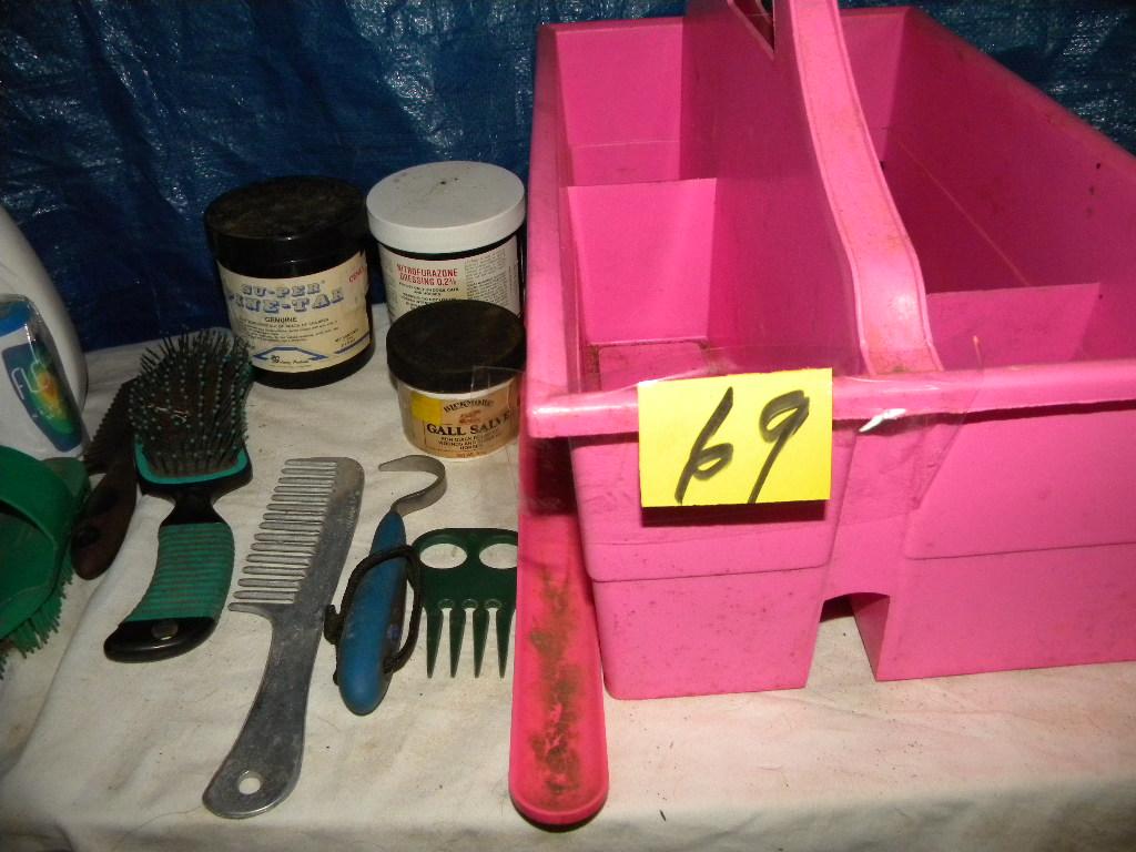 Pink Tote W/brushes, Combs, And Other Grooming Items.