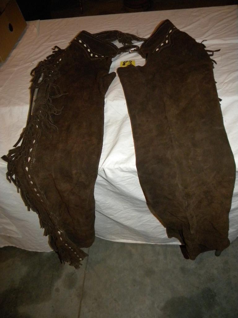 Brown Leather Chaps, Adjustable, Fringed.