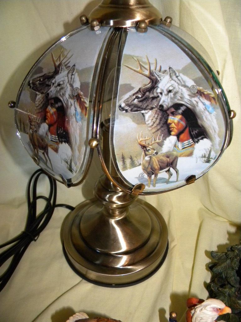 Collectibles=Six Miniature Eagle Statutes; Pair Of Touchtone Lamps W/outdoor Life Shades