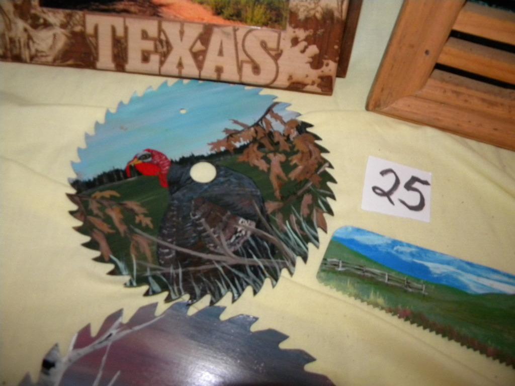 Art=Hand Painted Hand Saw; 4 Scenery Painted Circular Saw Blades; Pair Of Land