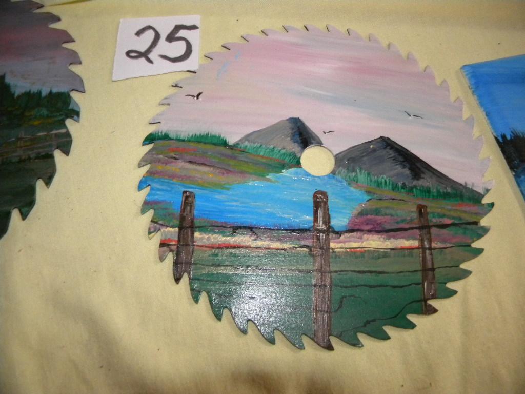 Art=Hand Painted Hand Saw; 4 Scenery Painted Circular Saw Blades; Pair Of Land