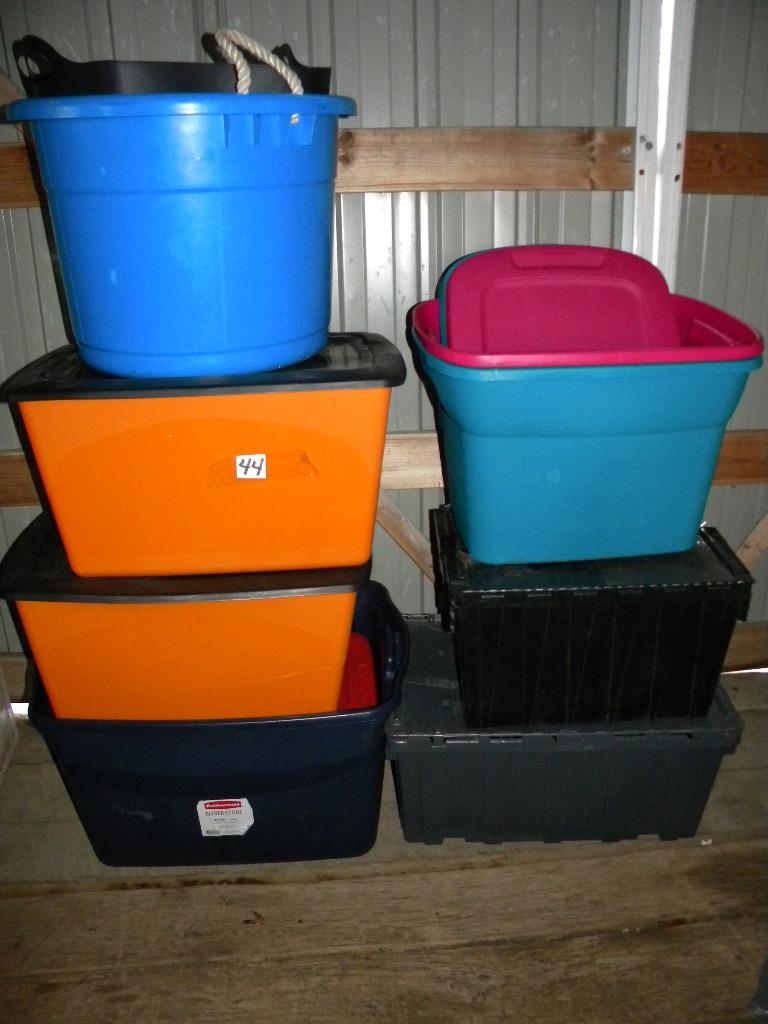 Eight Totes; Blue Tub; Black Poly Basket.