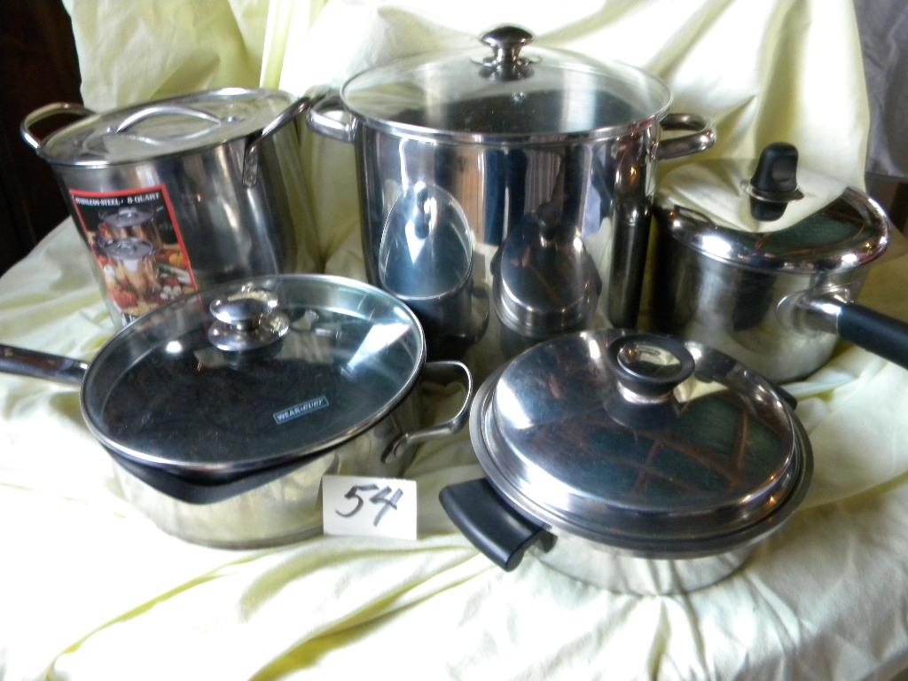 Four Piece Stainless Pans W/lids; Weaver Non-stick Pans W/lids.