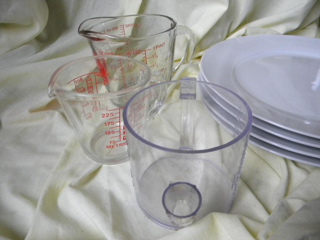 Pair Of Measure Cups; 4 Encore 12" Dinner Plates; 4 Christmas Water Glasses