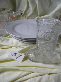 Pair Of Measure Cups; 4 Encore 12" Dinner Plates; 4 Christmas Water Glasses