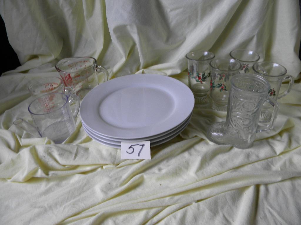 Pair Of Measure Cups; 4 Encore 12" Dinner Plates; 4 Christmas Water Glasses