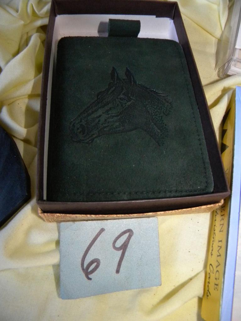 New Leather Bill Fold W/horse Head; Cowboy Christmas Cards; Box Of Leather Clea