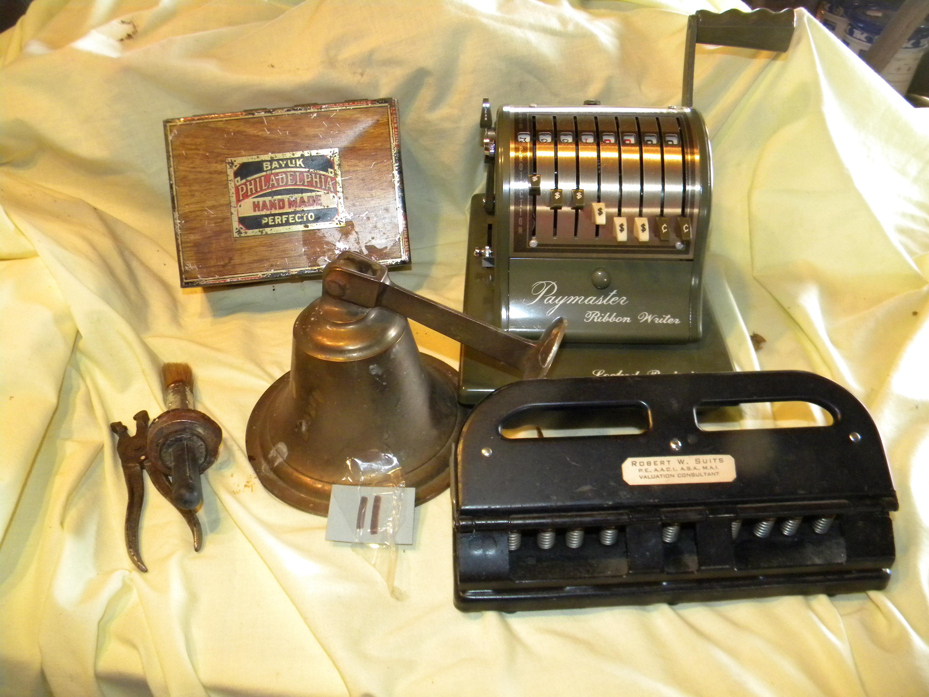 Slide Viewer; Philadelphia Cigar Tin; Paymaster Check Maker; Bell For Outsi