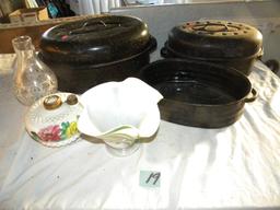 Pair Of Granite Ware Roasters; Painted Glass Lamp Base W/shade; Painted Wav