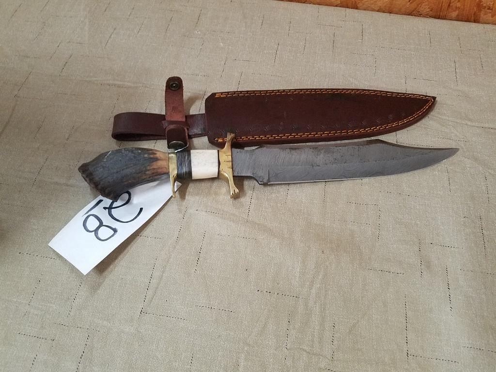 Damascus Steel Stag Knife w/ Leather Sheath