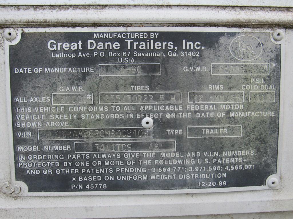 1990 Great Dane 48' Van Trailer NO TITLE