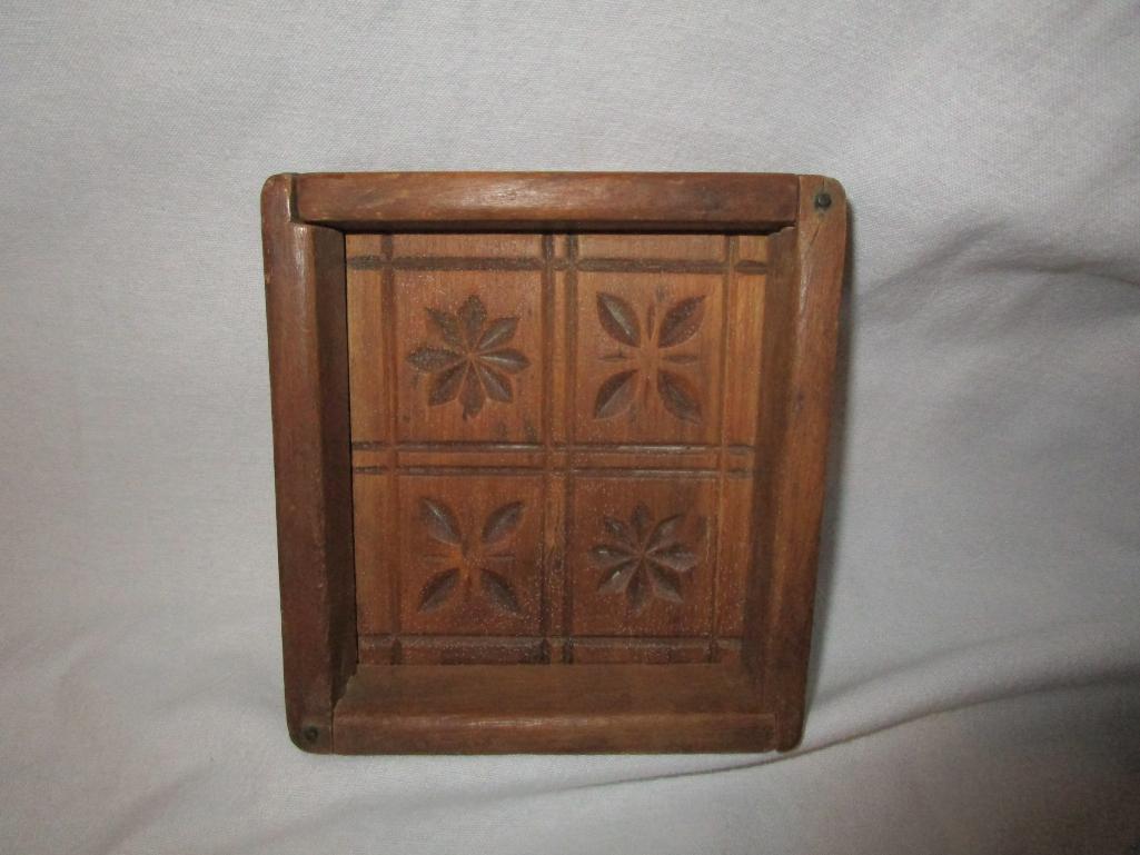 Vintage Wooden Dove Tailed Butter Mold, 4 Square With Brass Locks