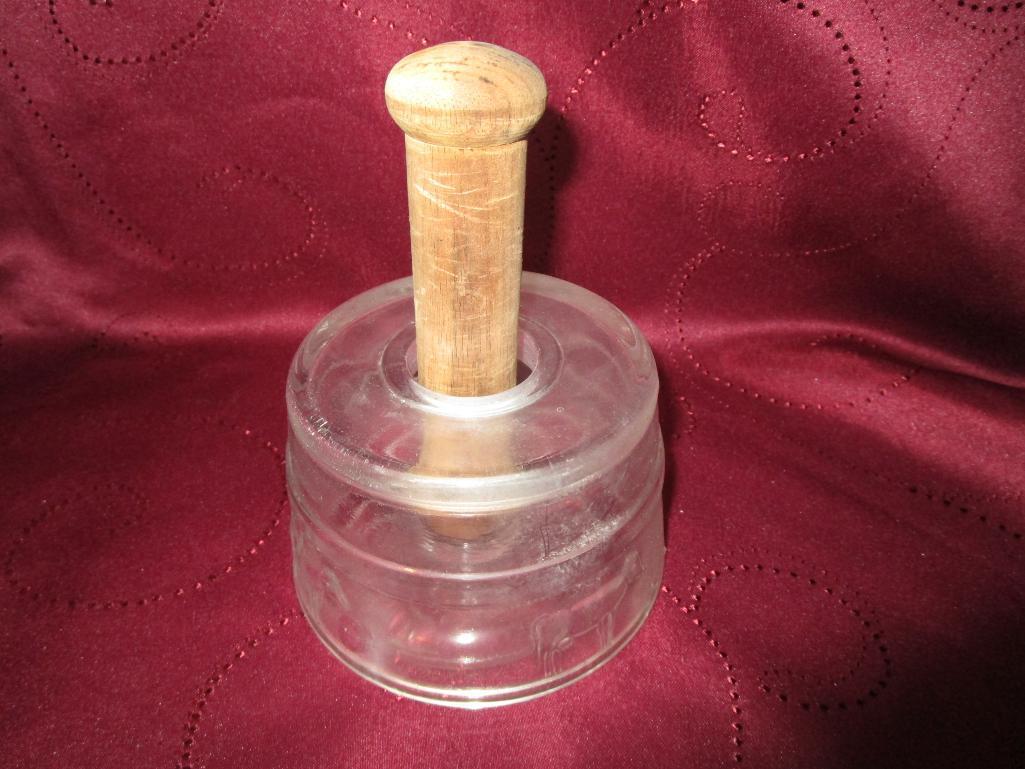 Vintage Glass Cow Butter Mold, Wood Handle