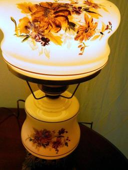 Matching Pair of Vintage Hurricane Lamps with Floral Design