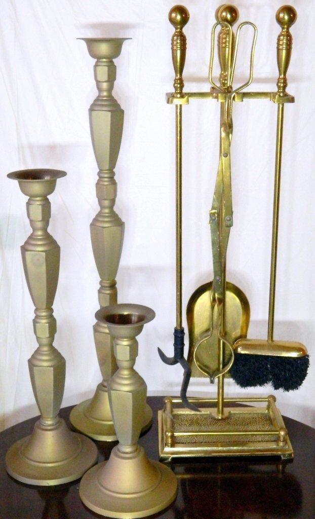 Large Grouping of Decorative Items, Including Brass Fireplace Tools and Scale
