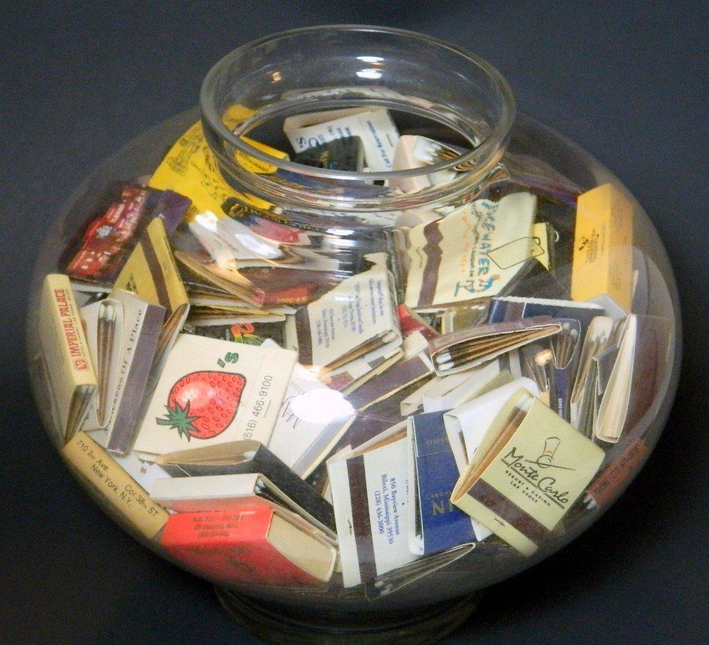 Large Glass Bowl of Advertising Matches, Many from Las Vegas Establishments