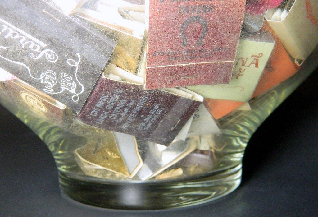 Large Glass Bowl of Advertising Matches, Many from Las Vegas Establishments