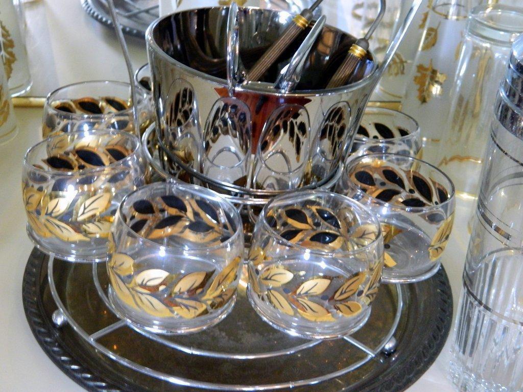 Large Collection of Mid Century Matching Drinking Glasses, Shaker and Ice Bucket