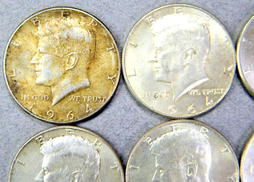 Eight (8) John F. Kennedy 1964 Silver Half Dollar Coins