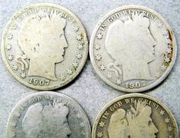 Four (4) U.S. Barber Half Dollar Coins