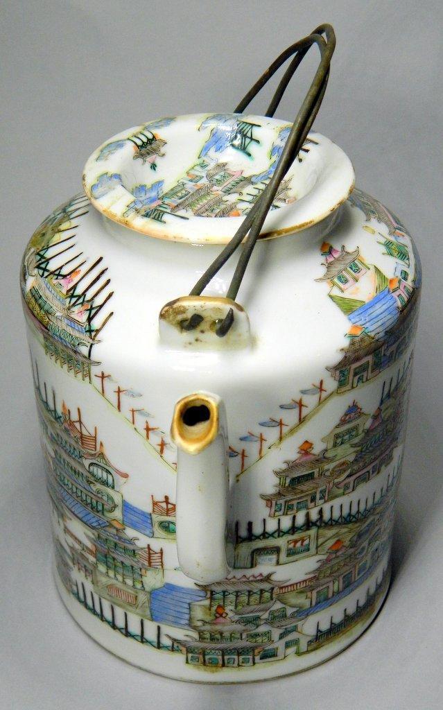Chinese Porcelain Lidded Teapot with Original Wire Handles