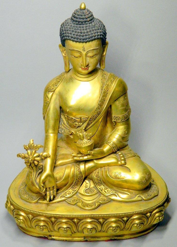 Bronze Gilt Tibetan Sitting Buddha with Headdress and Gold Vase Statue