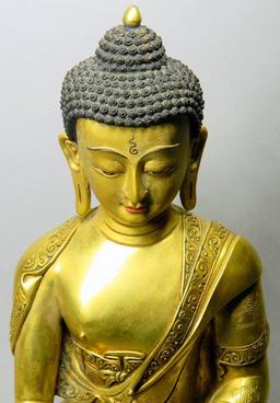 Bronze Gilt Tibetan Sitting Buddha with Headdress and Gold Vase Statue