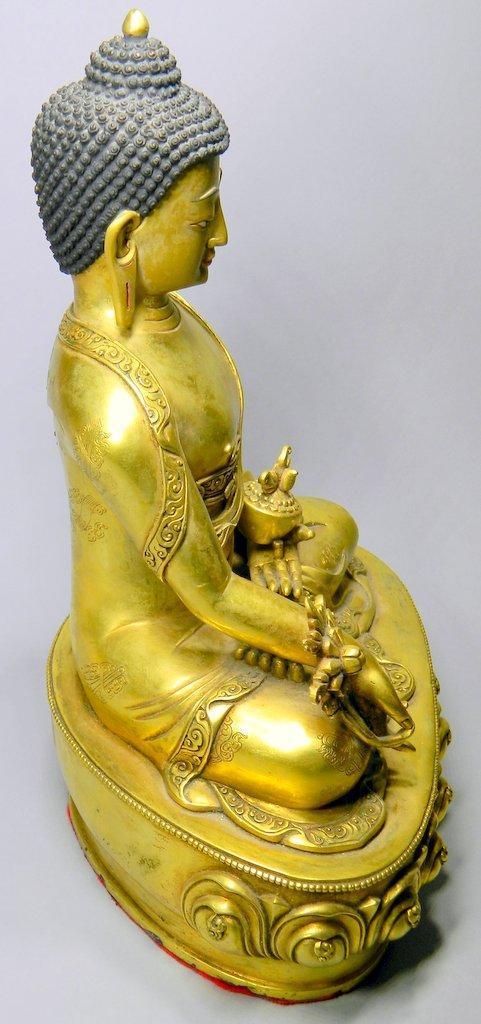 Bronze Gilt Tibetan Sitting Buddha with Headdress and Gold Vase Statue