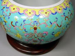 Chinese Ornate Porcelain Bowl with Wooden Stand