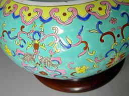 Chinese Ornate Porcelain Bowl with Wooden Stand