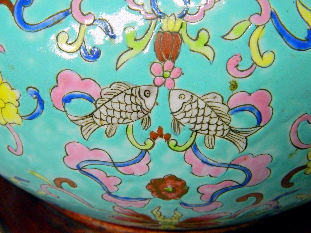 Chinese Ornate Porcelain Bowl with Wooden Stand