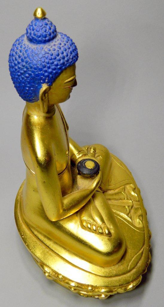 Tibetan Bronze Gilt Sitting Buddha with Blue Hair, Headdress, and Black Jar