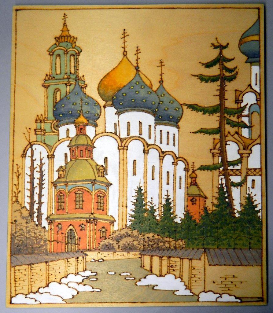 Grouping of Three Russian Monastery Pyography Folk Art Pieces